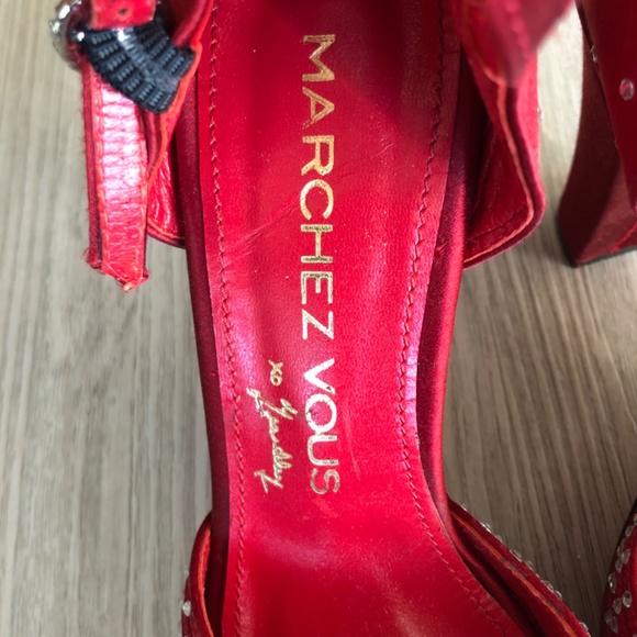 Marchez Vous Red Heels with Rhinestones and Ankle Strap, Size 6 - Picture 11 of 13